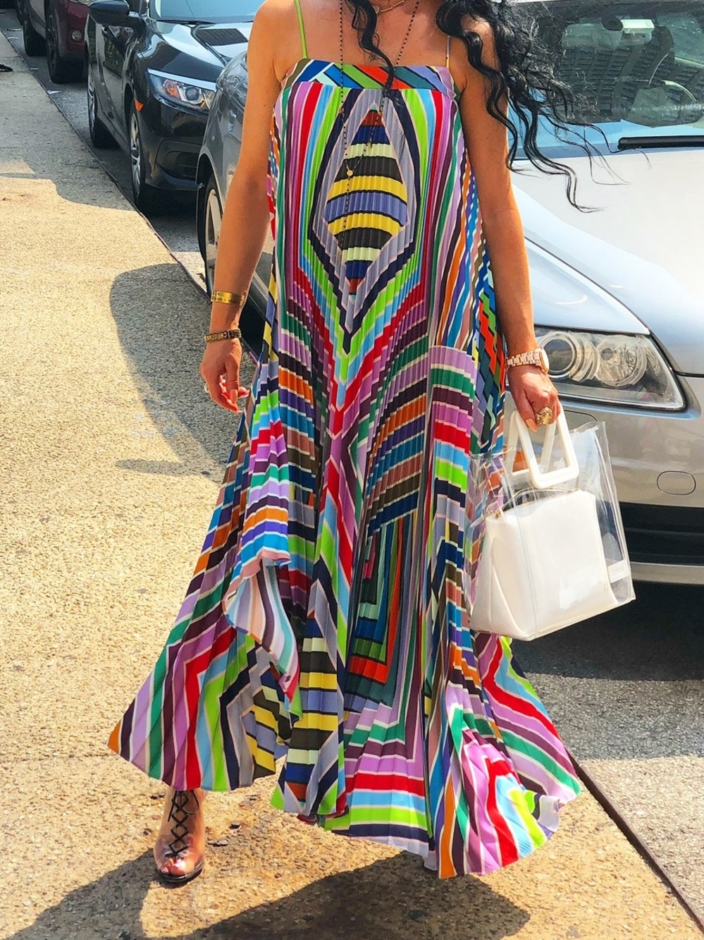 MILLY Pleated Rainbow Geometric Maxi Dress Bergdorf Goodman Exclusive Size 2